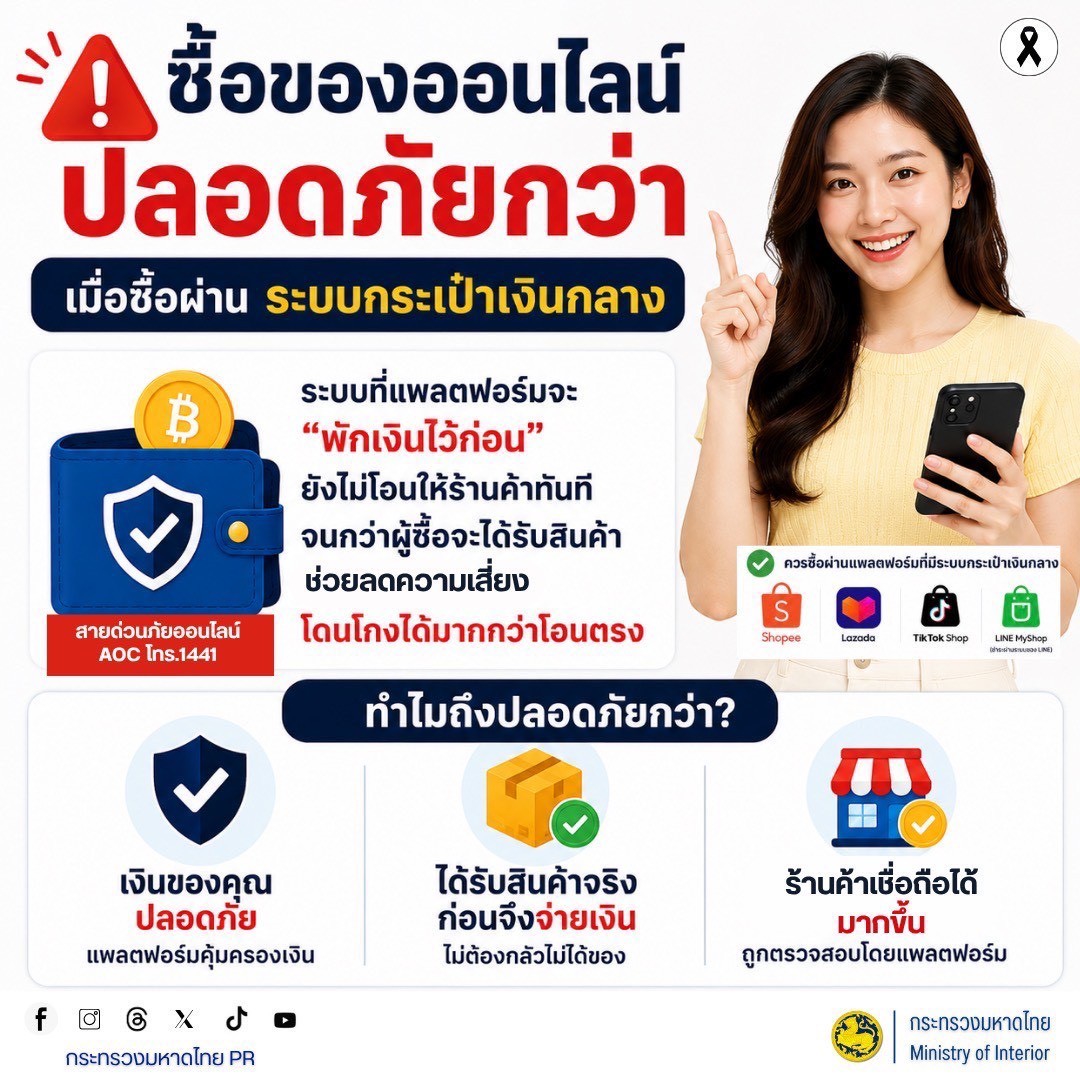 🚨 ซื้อของออนไลน์ ปลอดภัยกว่า เมื่อซื้อผ่าน "ระบบกระเป๋าเงินกลาง"