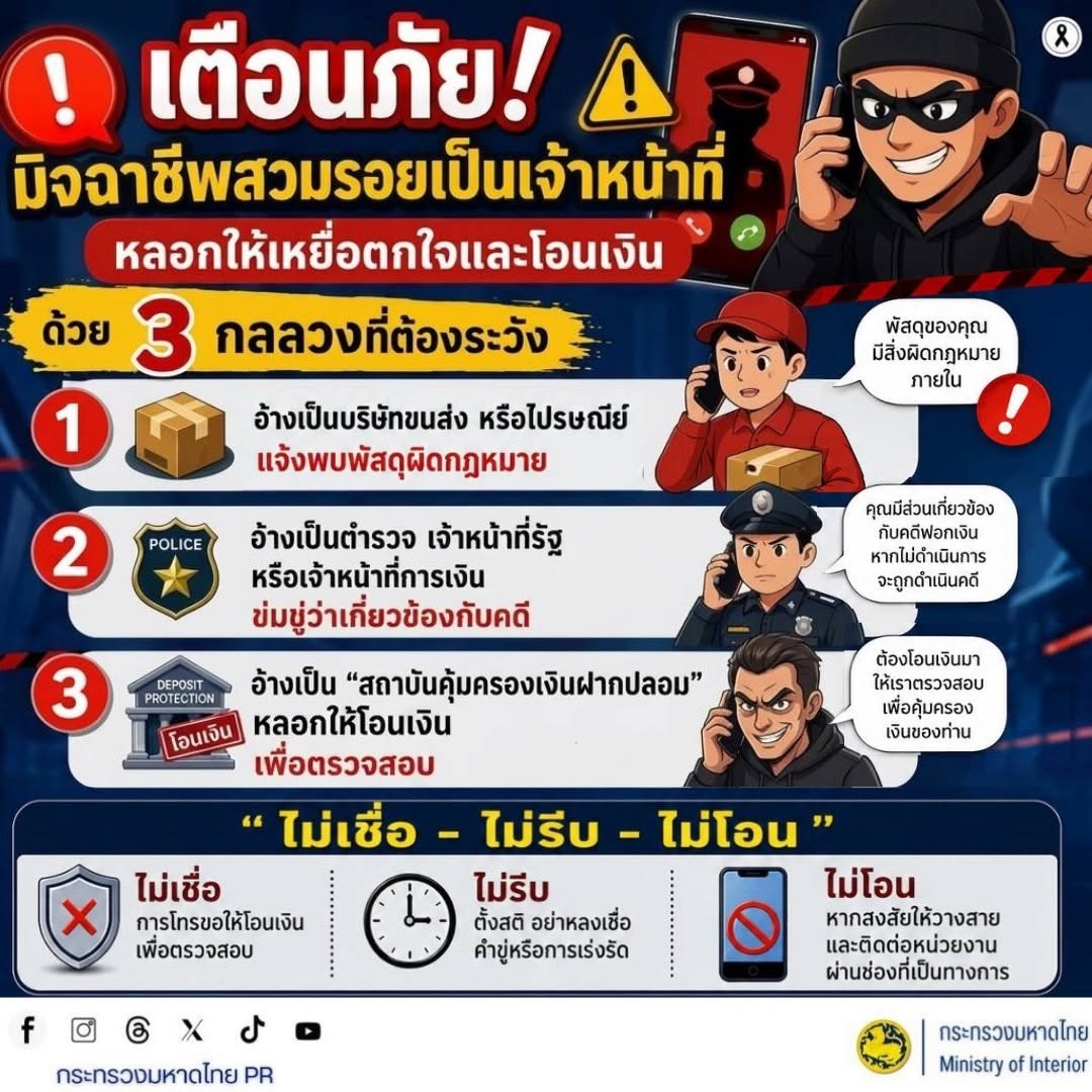 ⚠️ เตือนภัย! มิจฉาชีพสวมรอยเป็นเจ้าหน้าที่ หลอกให้เหยื่อตกใจและโอนเงิน
