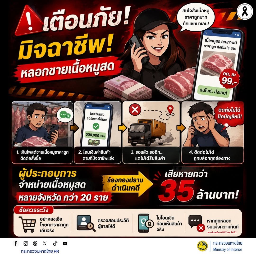 🥩 เตือนภัย! มิจฉาชีพหลอกขายเนื้อหมูสดราคาถูก โพสต์โฆษณาราคาถูกเกินจริง หลอกให้โอนเงินค่าสินค้า ก่อน ไม่ส่งของและปิดช่องทางติดต่อ