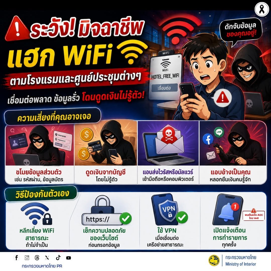 📶 ระวัง! มิจฉาชีพแฮก WiFi ตามโรงแรมและศูนย์ประชุมต่าง ๆ การเชื่อมต่อ WiFi สาธารณะที่ไม่ปลอดภัย อาจทำให้ข้อมูลส่วนตัวรั่วไหล หรือถูกดักข้อมูลโดยไม่รู้ตัว