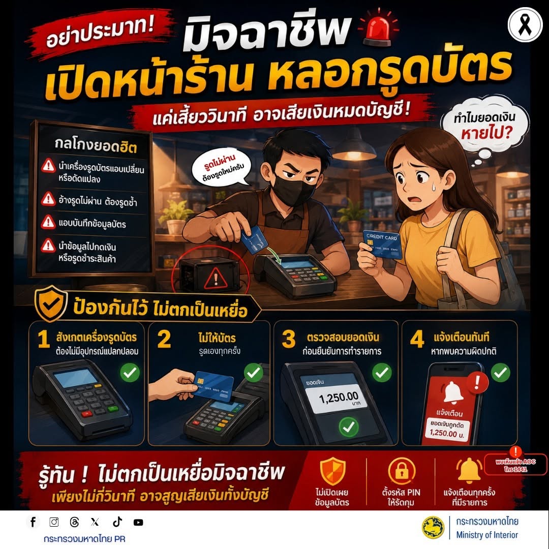 💳 อย่าประมาท! มิจฉาชีพเปิดหน้าร้าน หลอกดูดบัตร ระวังการถูกหลอกให้ใช้เครื่องรูดบัตรปลอม หรือแอบบันทึกข้อมูลบัตร เพื่อนำไปใช้ทำธุรกรรมโดยไม่ได้รับอนุญาต