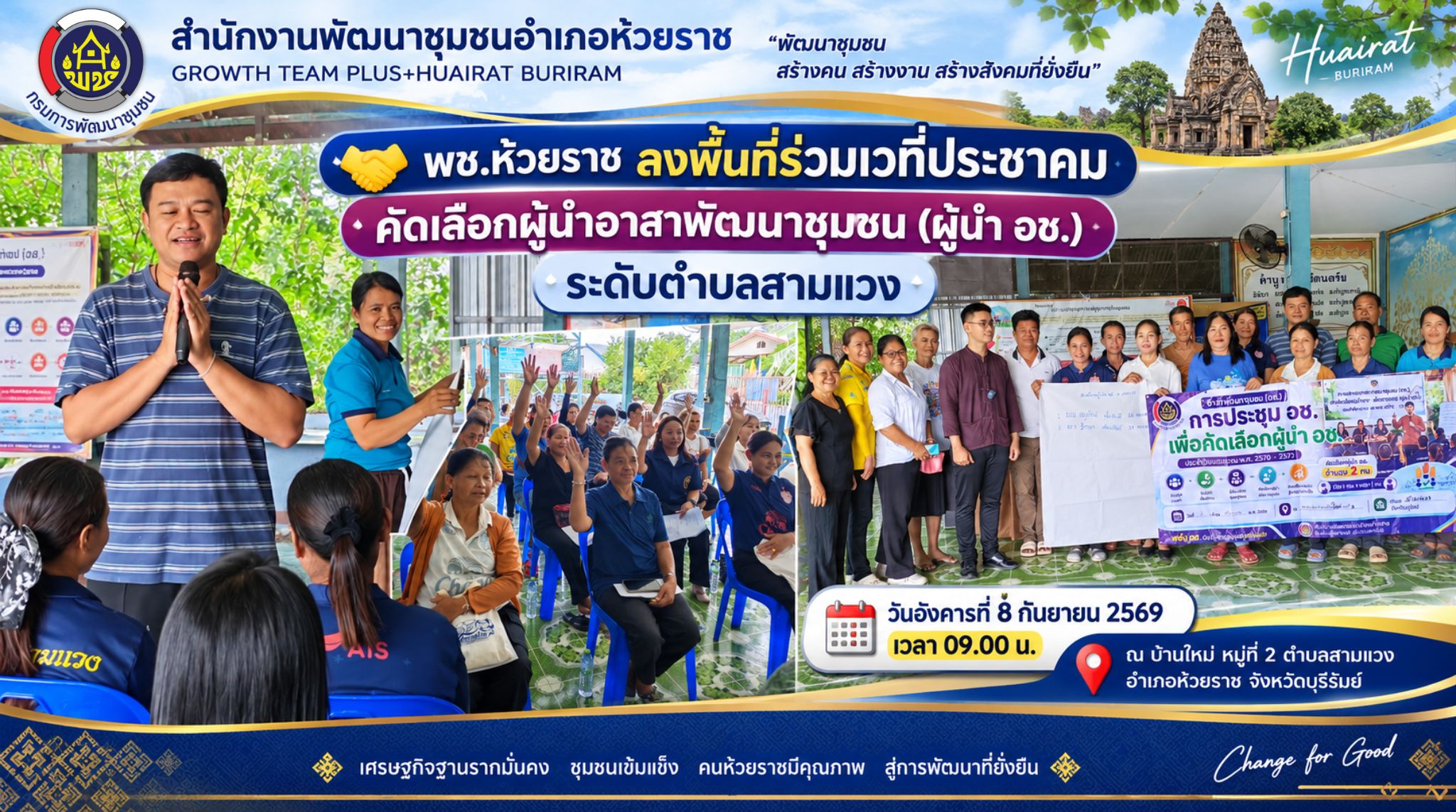🤝 พช.ห้วยราช ลงพื้นที่ร่วมเวทีประชาคม คัดเลือกผู้นำอาสาพัฒนาชุมชน (ผู้นำ อช.) ระดับตำบลสามแวง