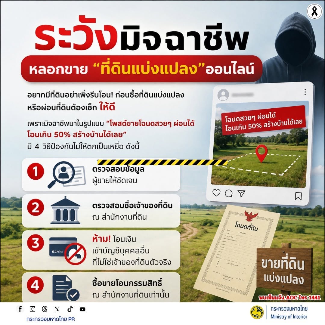 🏡 อยากมีที่ดินอย่าเพิ่งรีบโอน! ระวังมิจฉาชีพหลอกขาย “ที่ดินแบ่งแปลง” ออนไลน์
