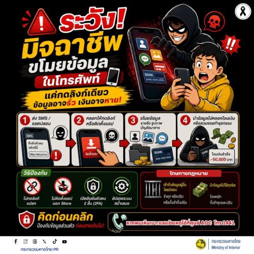🚨 ระวัง! มิจฉาชีพขโมยข้อมูลในโทรศัพท์ แค่กดลิงก์เดียว ข้อมูลอาจรั่ว เงินอาจหาย!